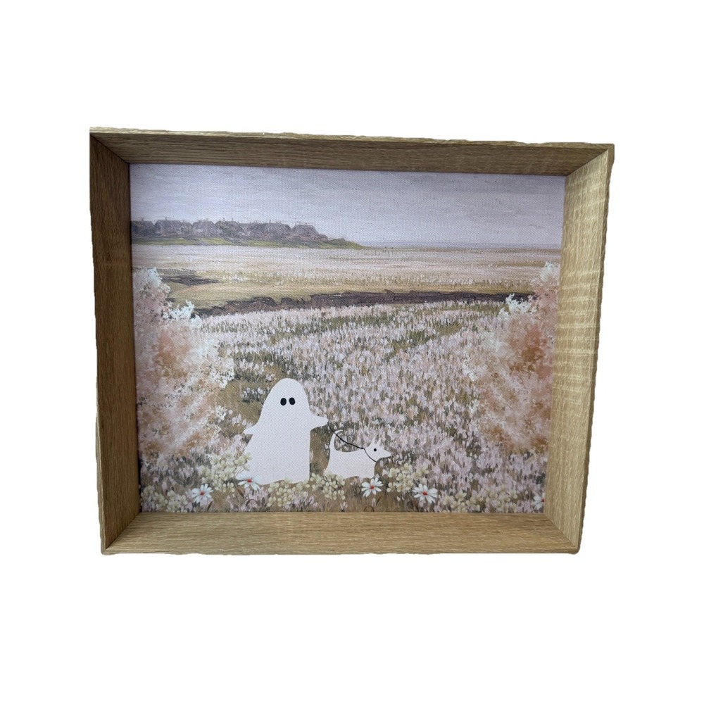 Halloween Framed Ghost Walking Ghost Dog Flower Field Landscape Art Print